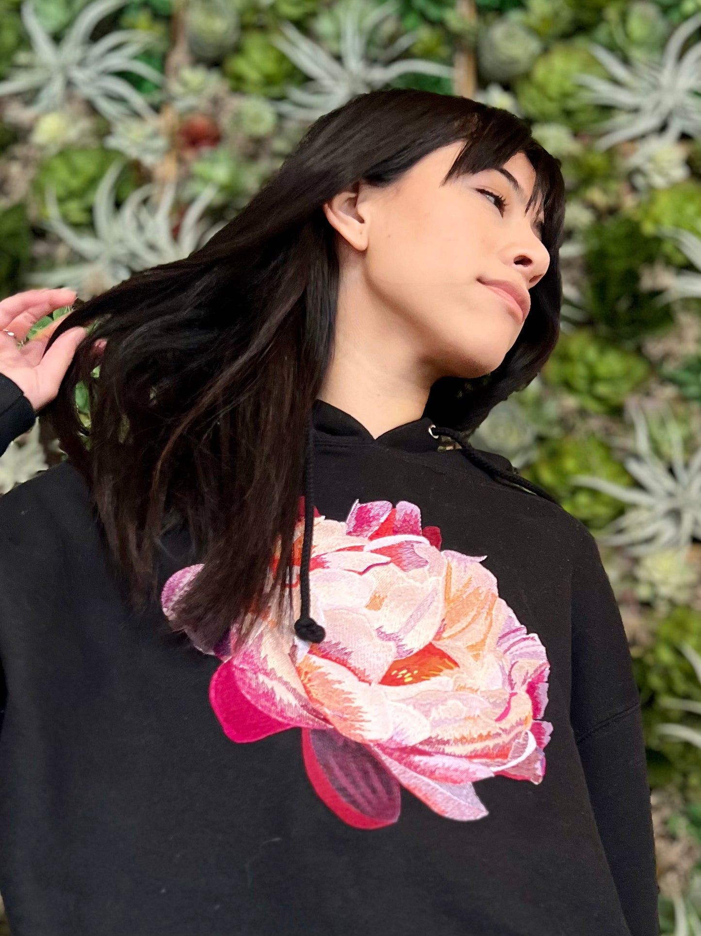 Embroidered Peony Black Anti-Fragile Hoodie